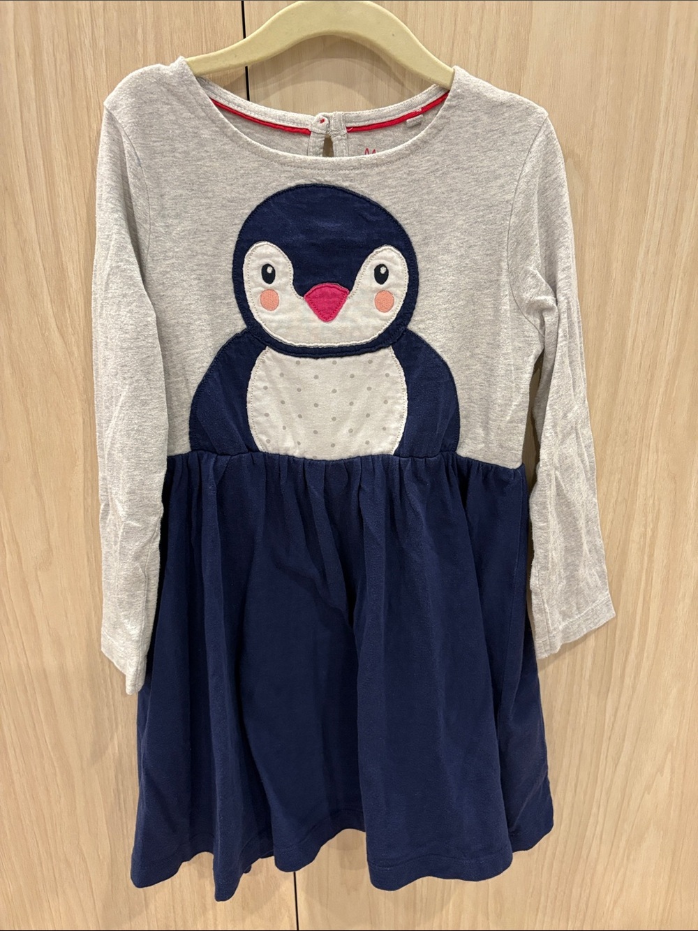 Mini Boden Navy and Gray Penguin Appliqué Long Sleeve Dress